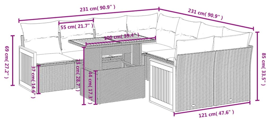 9 pcs conjunto de sofás p/ jardim com almofadões vime PE bege