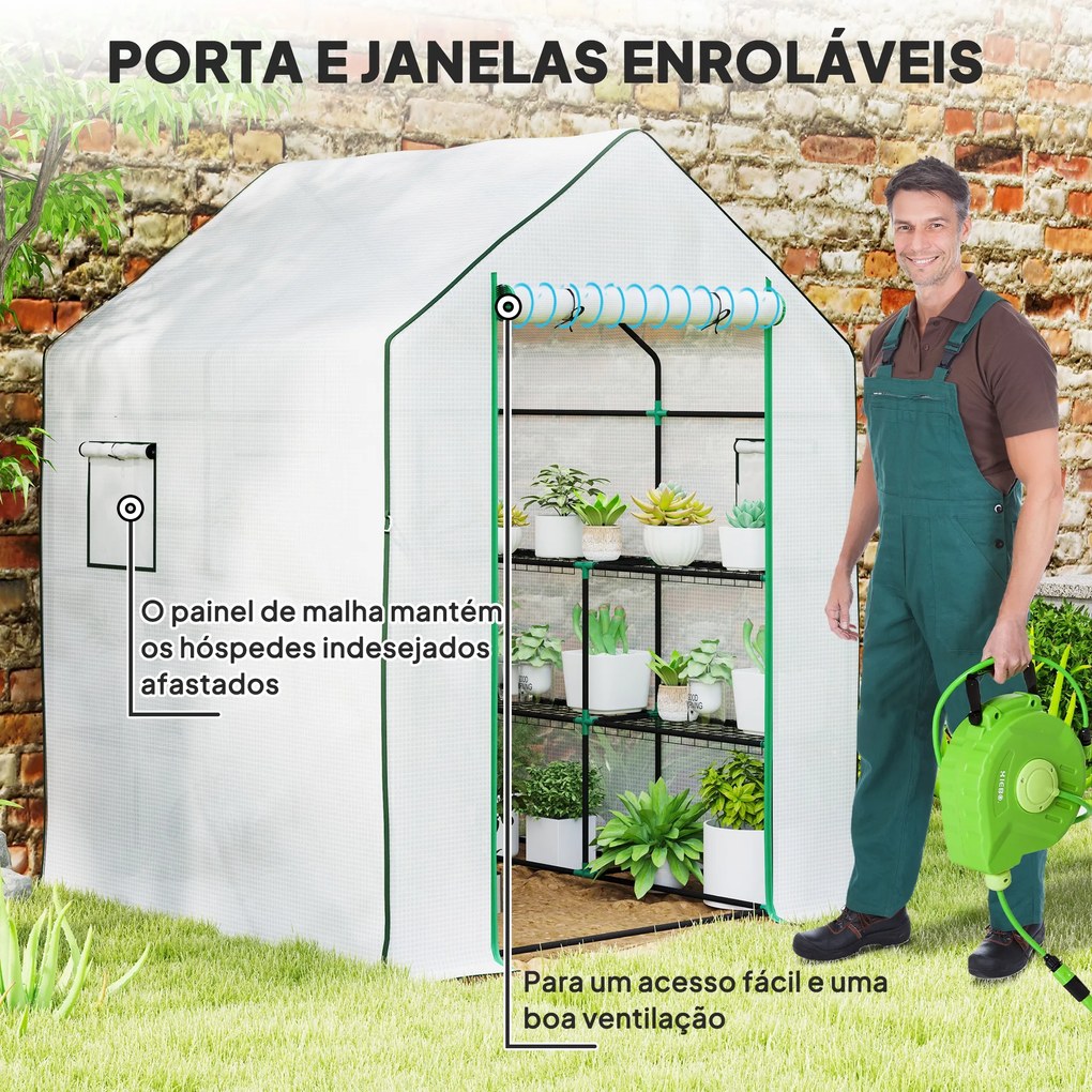 Estufa de Jardim Pequena de 3 Níveis com 6 Prateleiras Porta Enrolável e Capa de PE 140x143x190 cm Branco
