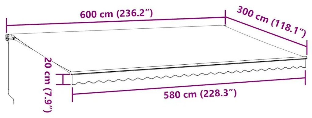 Toldo retrátil manual com LED 600x300 cm antracite/branco