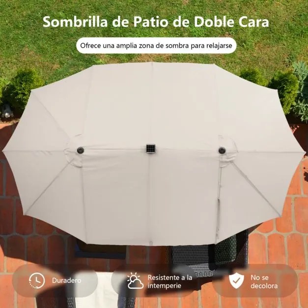 Guarda-sol dupla face de 470 cm com base Areia e 48 luzes LED Painel solar de carregamento automático Mecanismo de manivela Bege