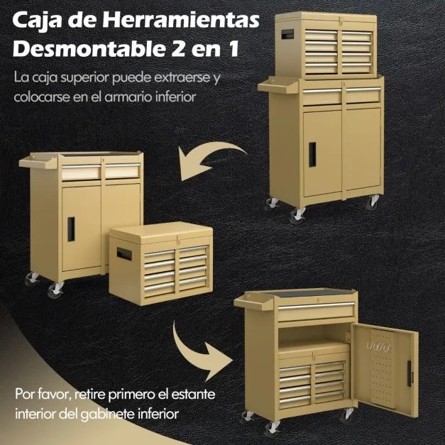 Armário para ferramentas (sem ferramentas) com 5 gavetas e rodas  de grande capacidade com rodas bloqueáveis amarelo