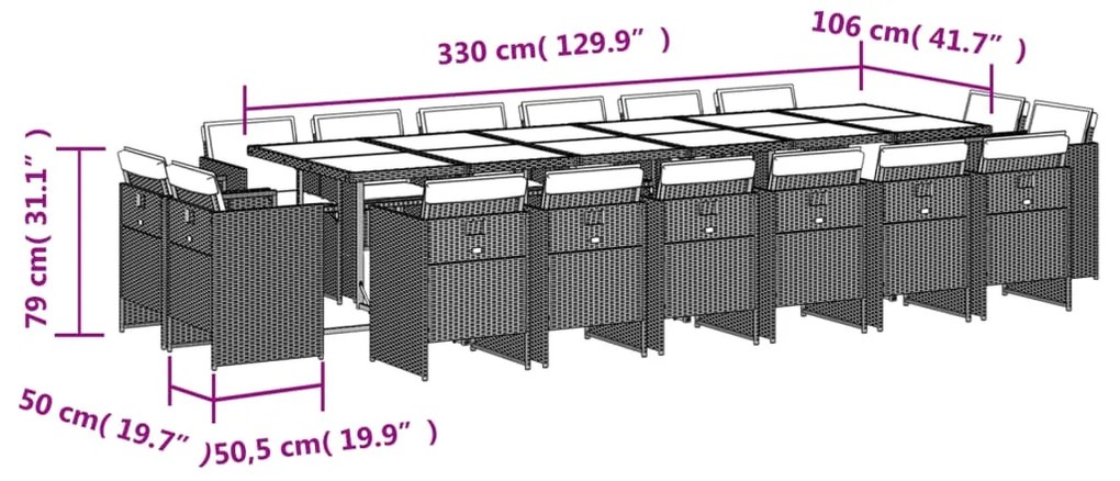 17 pcs conj. jantar jardim c/ almofadões vime PE cinzento-claro