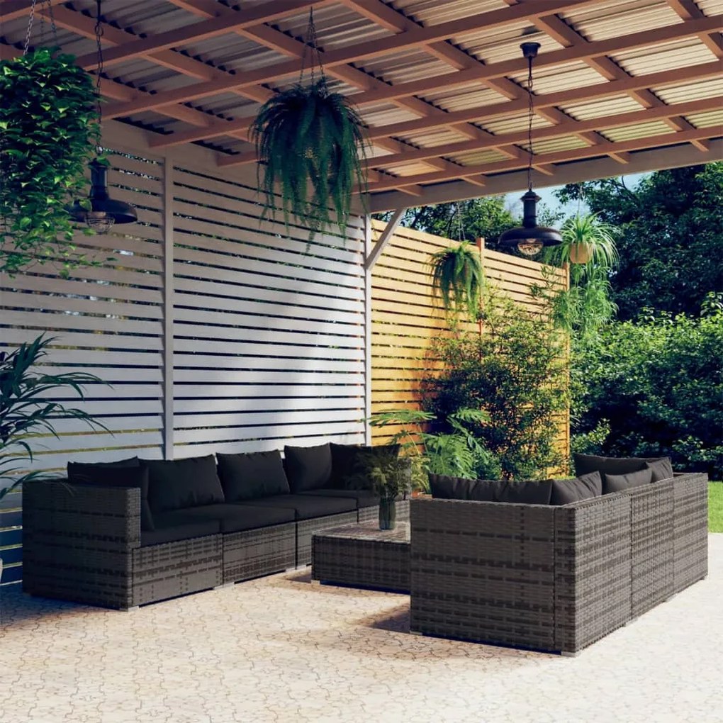 vidaXL 8 pcs conjunto lounge de jardim c/ almofadões vime PE cinzento