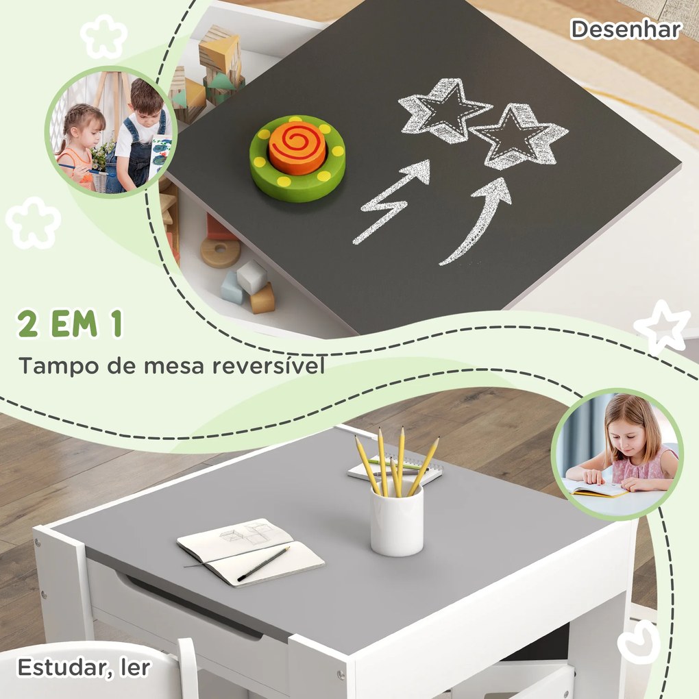 Conjunto de Mesa e 2 Cadeiras Infantis 2 em 1 com Ardósia Gavetas de Tecido e Espaço de Armazenamento para Quarto Cinza