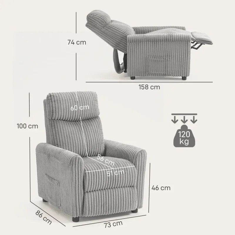 Poltrona Relax Reclinável Manual Estofada em Veludo com Apoio para Pés 73x86x100 cm Cinzento