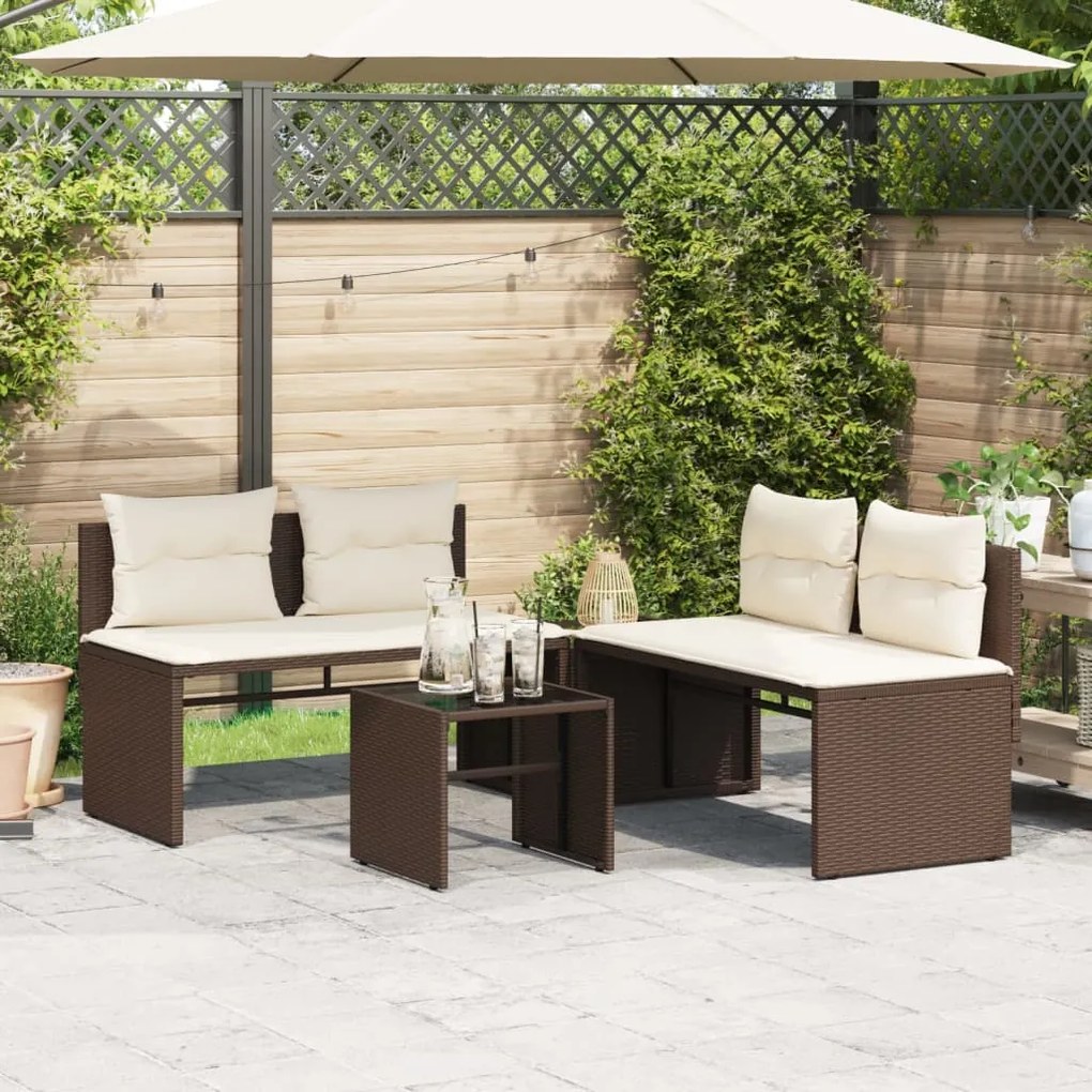 4 pcs conjunto sofás de jardim c/ almofadões vime PE castanho