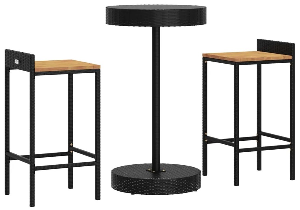 3 pcs conjunto de bar p/ jardim vime PE/acácia maciça preto