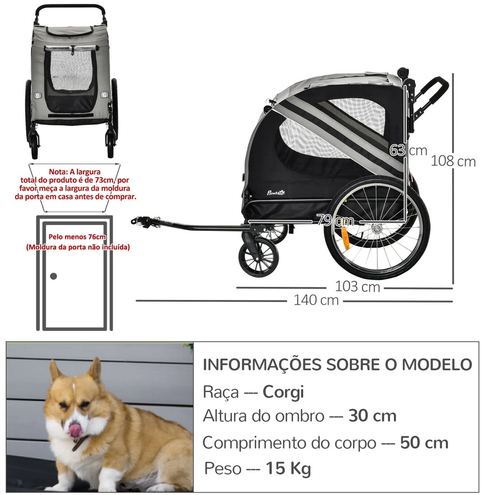 PawHut Reboque de Bicicleta para Cães 2 em 1 Transporte para Animais d