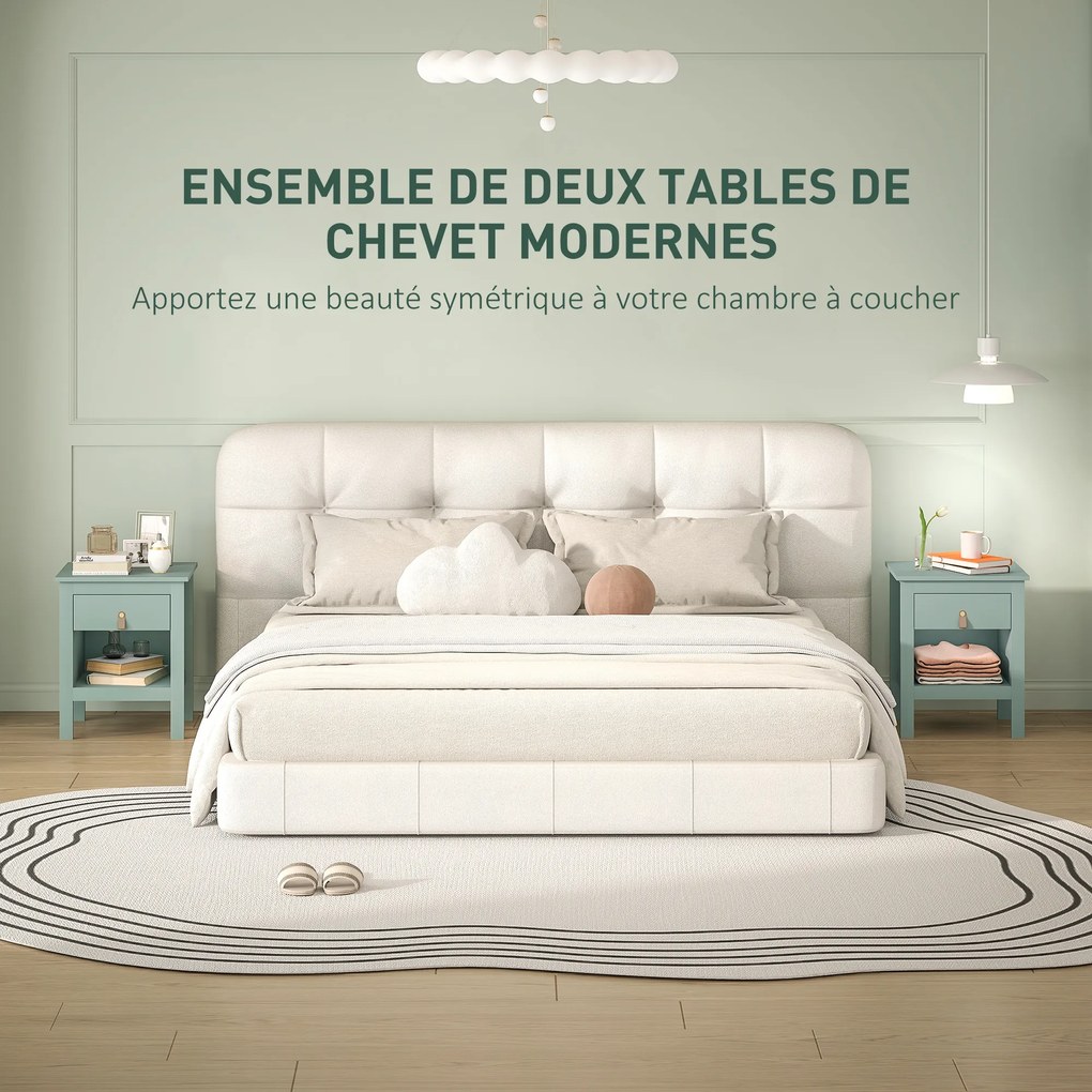 Conjunto de 2 mesas de cabeceira com gaveta e compartimento aberto, 45 x 40 x 55 cm, verde