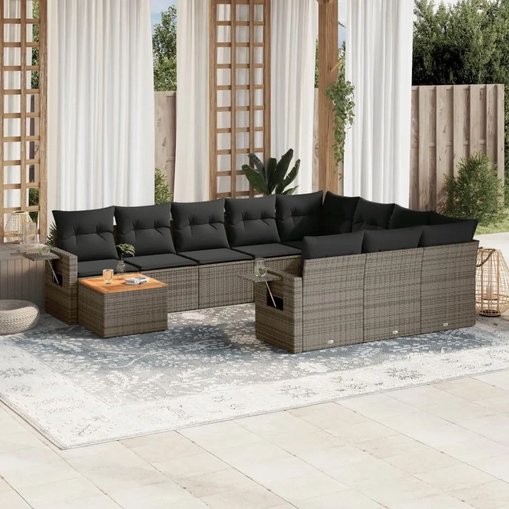 11 pcs conjunto sofás de jardim c/ almofadões vime PE cinzento