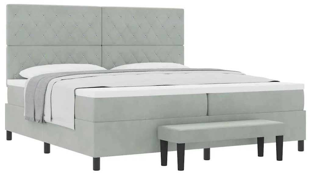 Cama Box Spring com Colchão e Banco Cinza Claro 200x200 cm Veludo