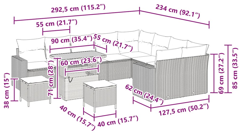Conjunto de Sofá de Jardim de 12 Peças com Almofadas Preto Rattan Poli