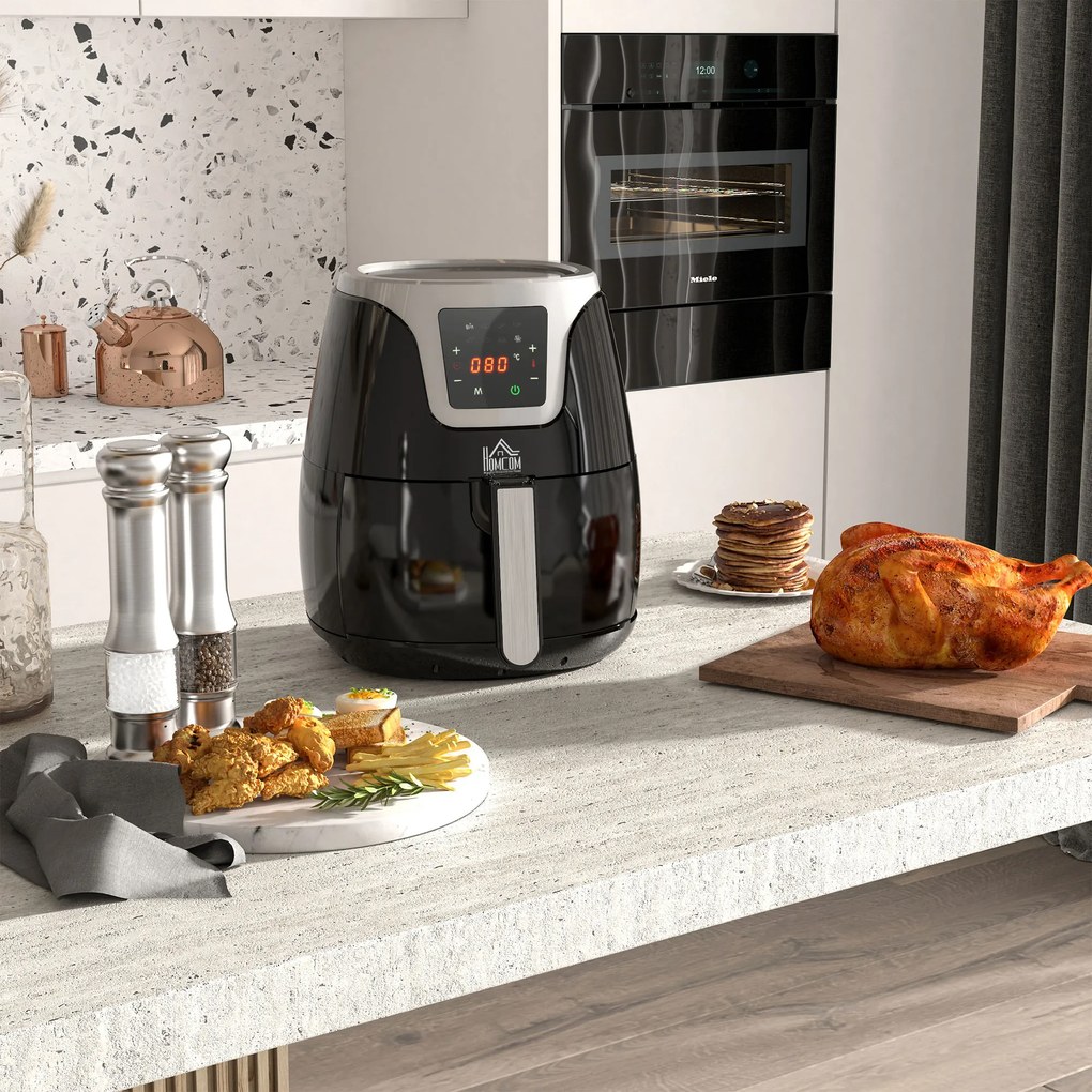HOMCOM Fritadeira sem Óleo 3,5L Fritadeira de Ar Inteligente 15000W com Tela Tátil 7 Programas Temporizador Temperatura Ajustável e Desligamento Automático 34,4x28,1x30,6cm Preto