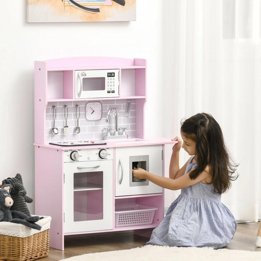 Cozinha Infantil para Crianças acima de 3 Anos Cozinha Infantil com Luzes Sons Lavatório Fogão Dispensador de Água e Forno 70x29x90cm Rosa