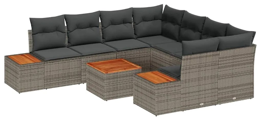 Sofá de Jardim 9 Peças com Almofadas Cinzas em Rattan e Acácia