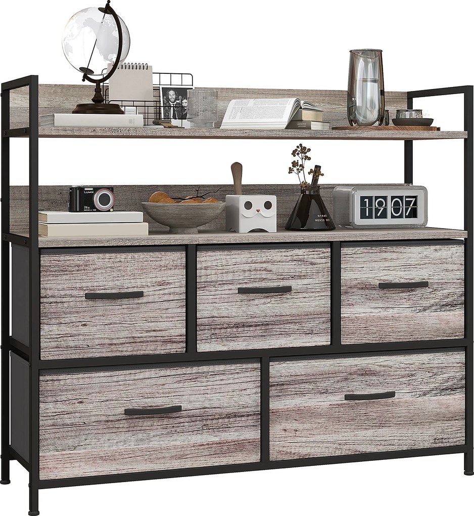 Móvel de arrumação de estilo industrial com 5 gavetas em tecido, dobráveis e removíveis, e prateleiras - 98 x 29 x 85 cm