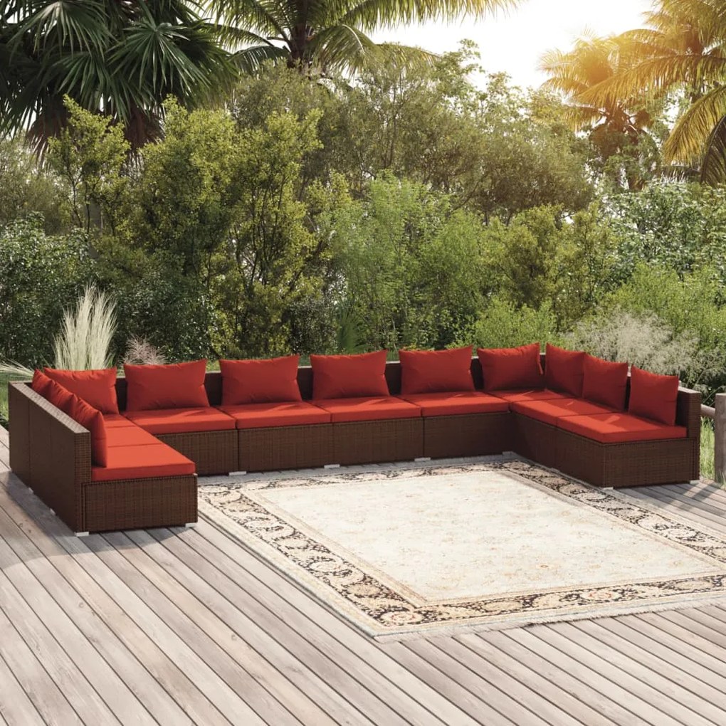 vidaXL 10 pcs conjunto lounge jardim c/ almofadões vime PE castanho