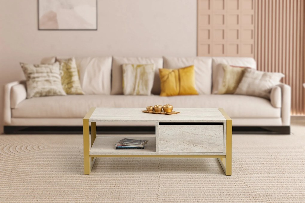 Mesa de Centro Haldizen – Travertino Dourado – 105x40x55 cm