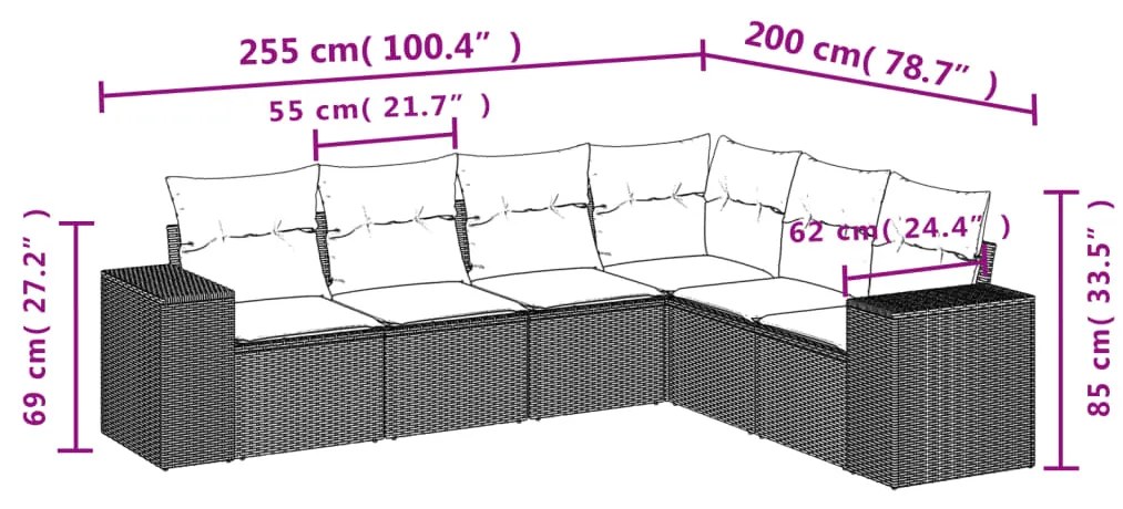 6 pcs conjunto sofás de jardim c/ almofadões vime PE preto