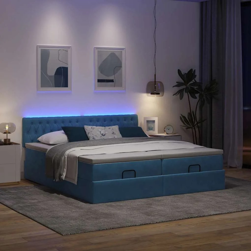 Estrutura cama otomana colchões 180x200 cm veludo azul escuro