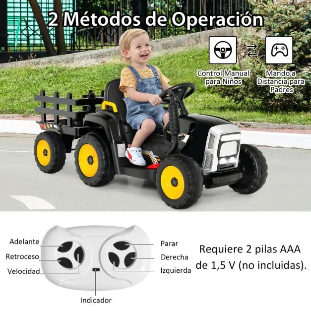 Trator elétrico para crianças Bateria 12V  com 3 velocidades Luzes LED Funções de música Áudio USB e Bluetooth Até 30 kg 136,5 x 50 x 52,5 cm Preto