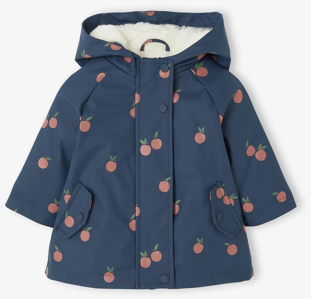 Impermeável com capuz, às flores e forrado, para bebé menina azul-noite