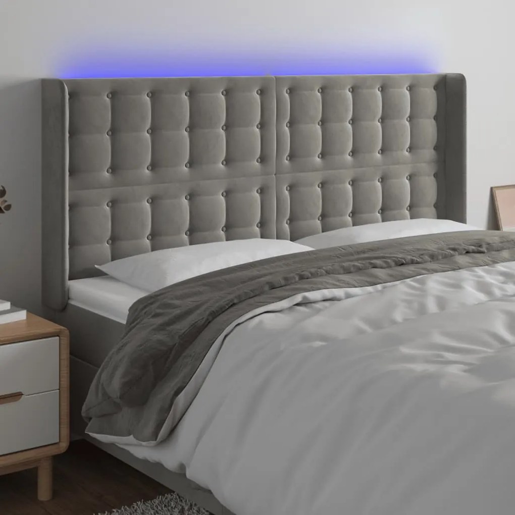 vidaXL Cabeceira cama c/ luzes LED veludo 183x16x118/128cm cinza-claro