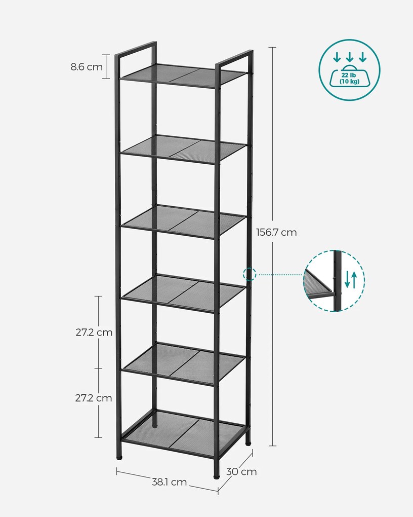 Estante metálica para cozinha ou casa de banho com prateleiras reguláveis 38,1 x 30 x 156,7 cm Preto