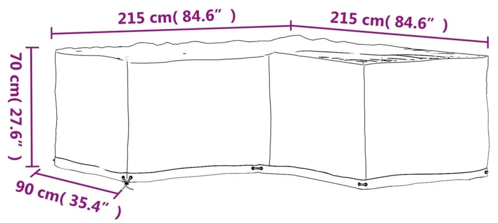 Capa em forma de L p/ mobília de jardim 16 ilhós 215x215x70 cm