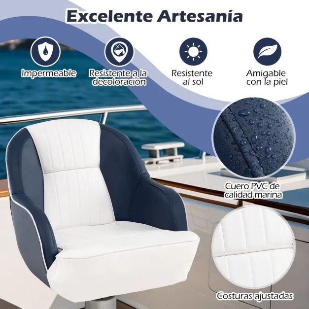 Assento para barco com almofada acolchoada e braços curvos para barco de pesca, iate ou lancha. Capacidade até 150 kg. 59 x 55 x 51 cm. Azul e branco.