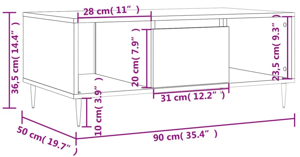 Mesa de centro 90x50x36,5 cm derivados madeira branco brilhante