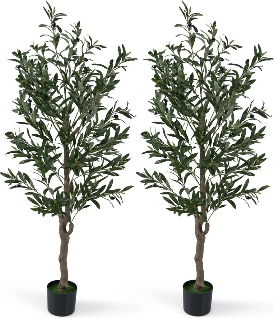 Conjunto de 2 oliveiras artificiais 150 cm com frutos, musgos, tronco robusto, base PE estável verde