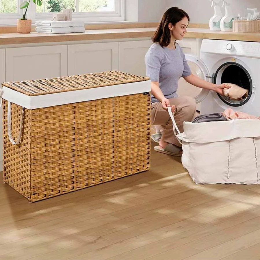 Cesto para roupa suja 200 litros em rattan sintético com 3 compartimentos, 86 x 40 x 61 cm cor natural