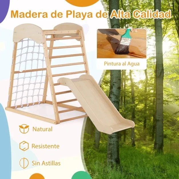 Triângulo de escalada de madeira para crianças 6 em 1 com rampa dupla face Barras de escalada Rede de escalada para 1+ anos Natural