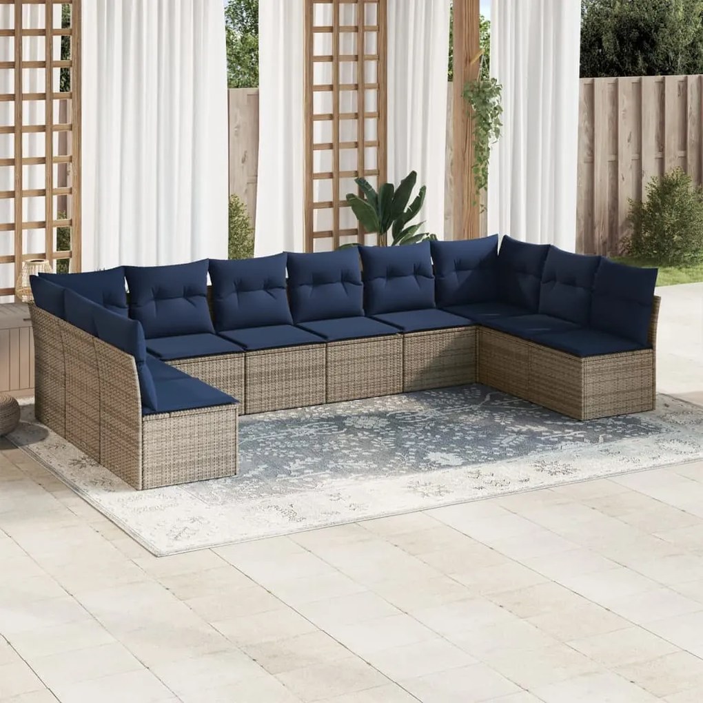 vidaXL 10 pcs conjunto sofás p/ jardim c/ almofadões vime PE cinzento