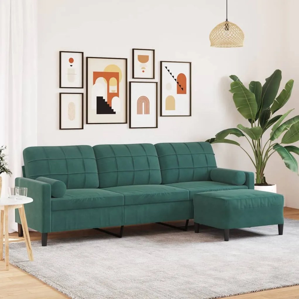 Sofá de 3 lugares com apoio de pés 210 cm veludo verde-escuro