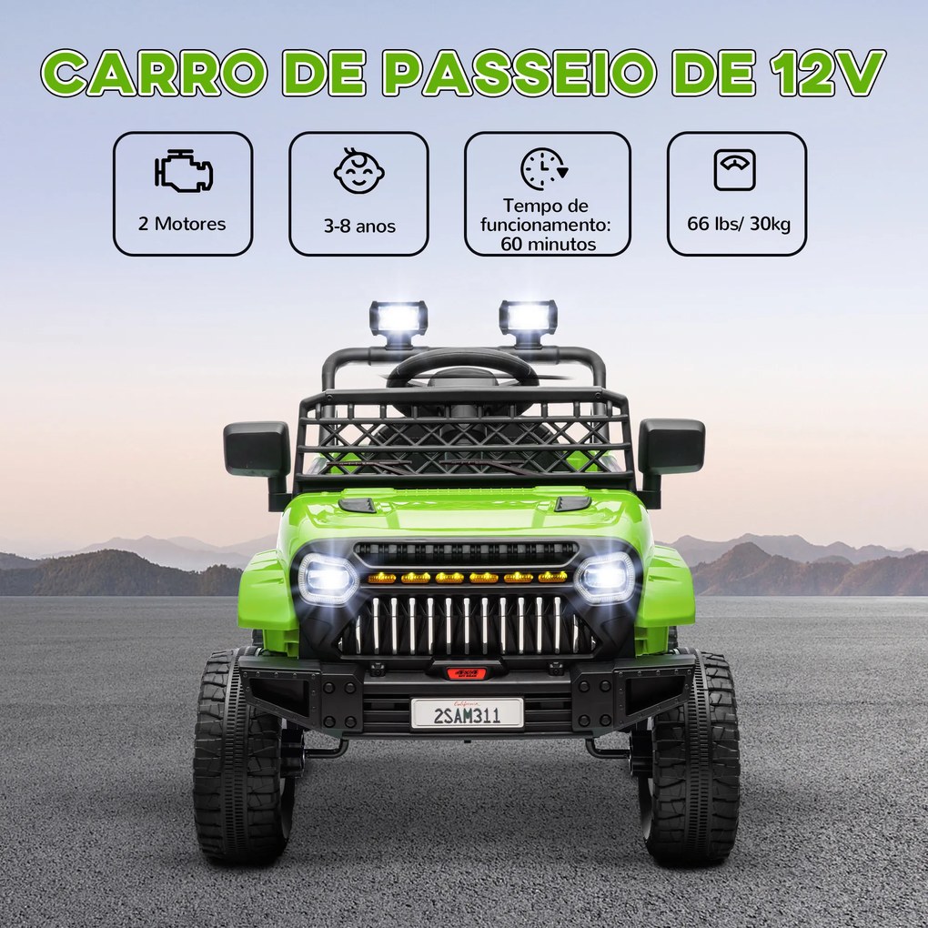 Carro Elétrico para Crianças Carro Elétrico Infantil UTV 12V com Velocidade Ajustável USB e Faróis  95x62,5x65 cm Verde