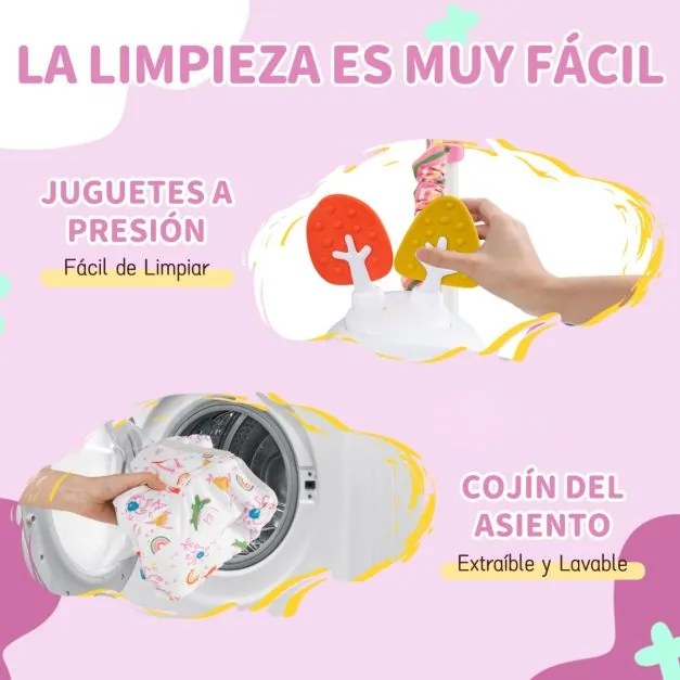 Centro de atividades para bebés com saltador, 6 brinquedos, luzes, música, 3 alturas ajustáveis, mesa giratória 360° para 6+ meses, rosa