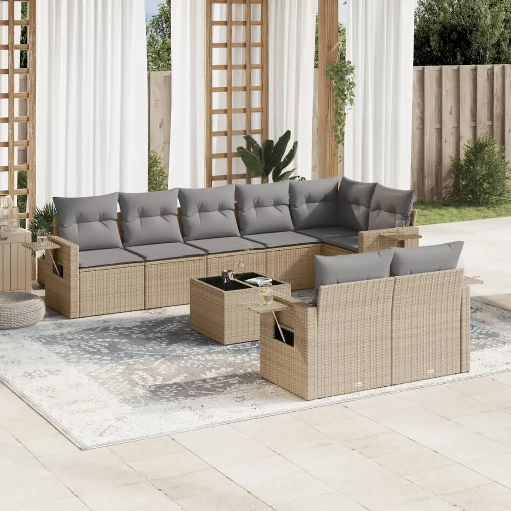 vidaXL 9 pcs conjunto de sofás p/ jardim com almofadões vime PE bege