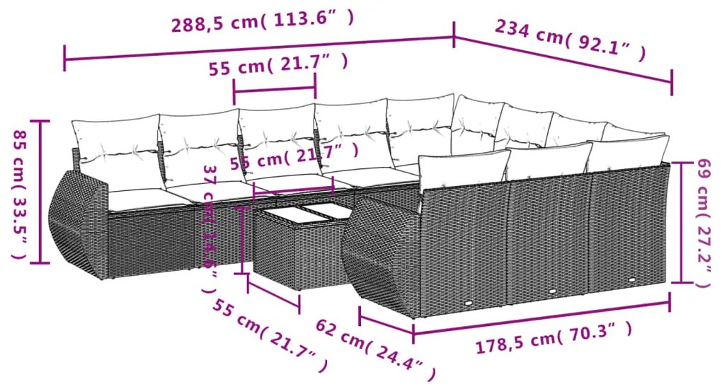 11 pcs conjunto sofás de jardim c/ almofadões vime PE castanho