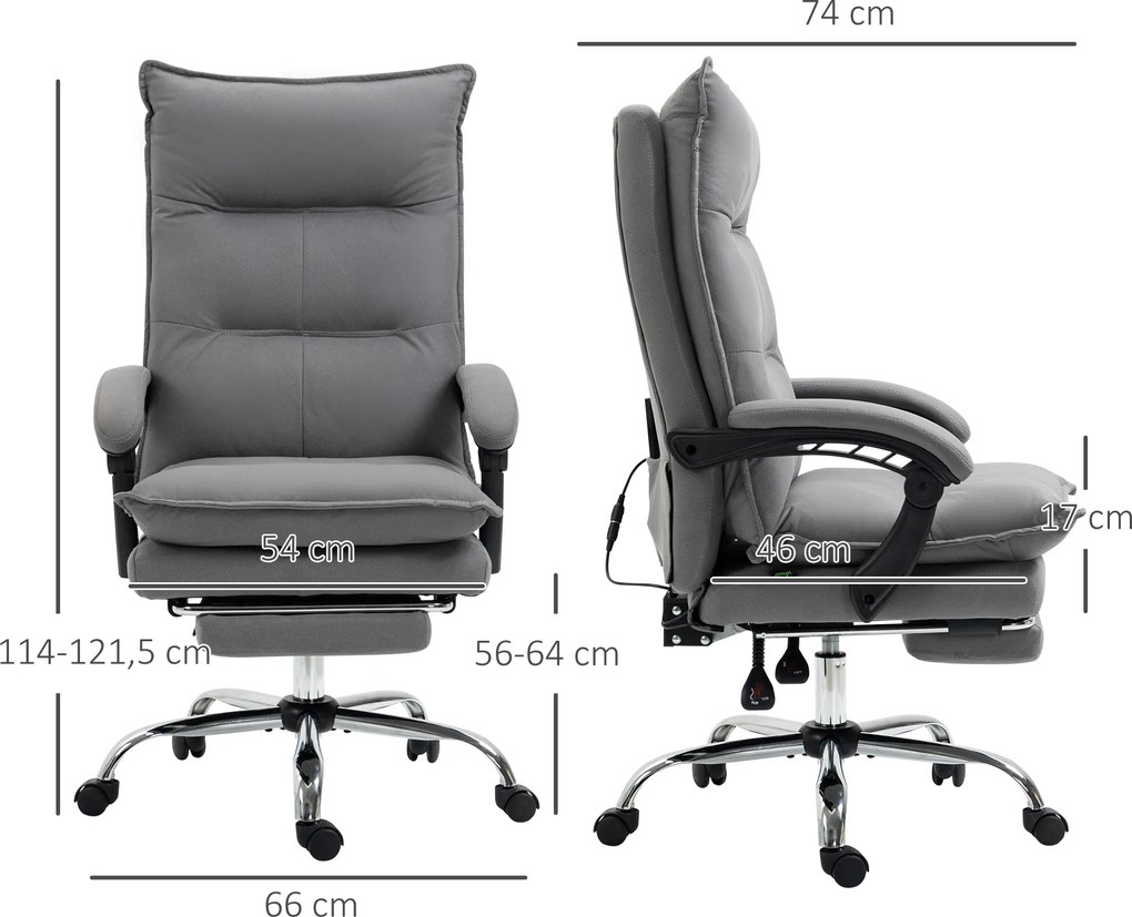 Cadeira de Escritório com 6 Pontos de Massagem e 5 Modos Reclinável com Função de Aquecimento 66x74x114-121,5 cm Cinza