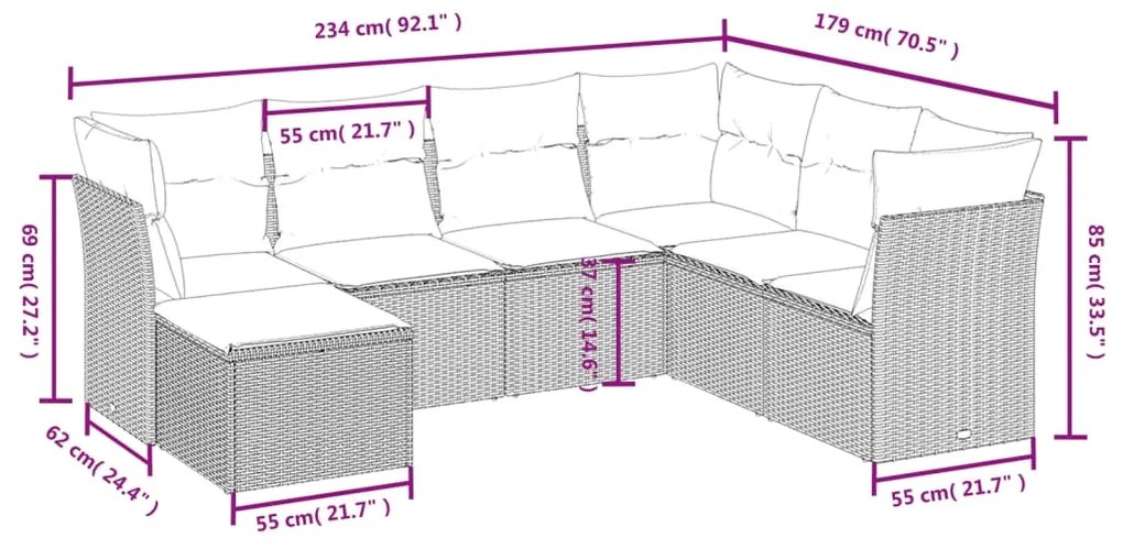 7 pcs conjunto de sofás p/ jardim c/ almofadões vime PE preto