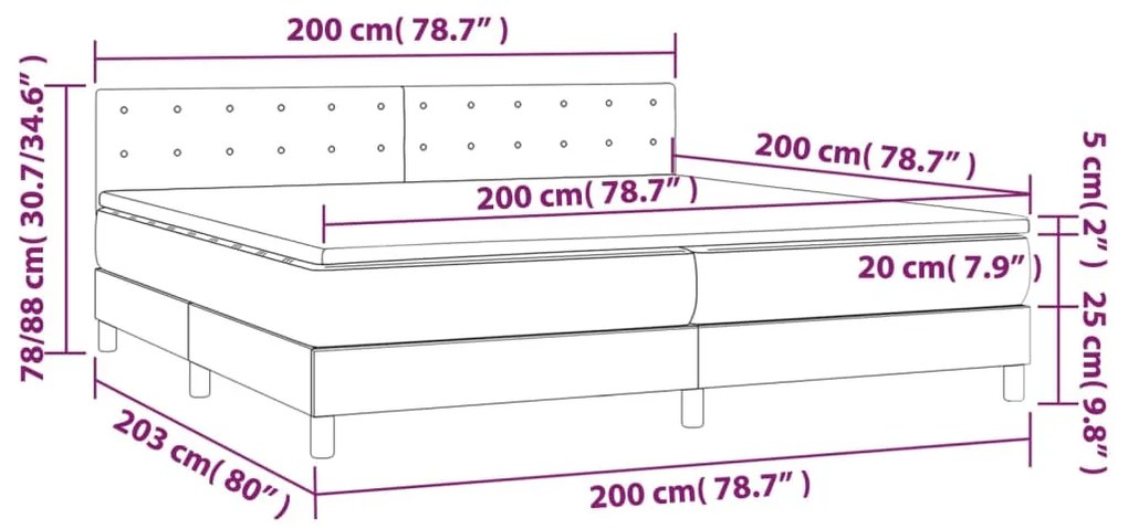 Cama box spring c/ colchão/LED 200x200cm couro artificial preto