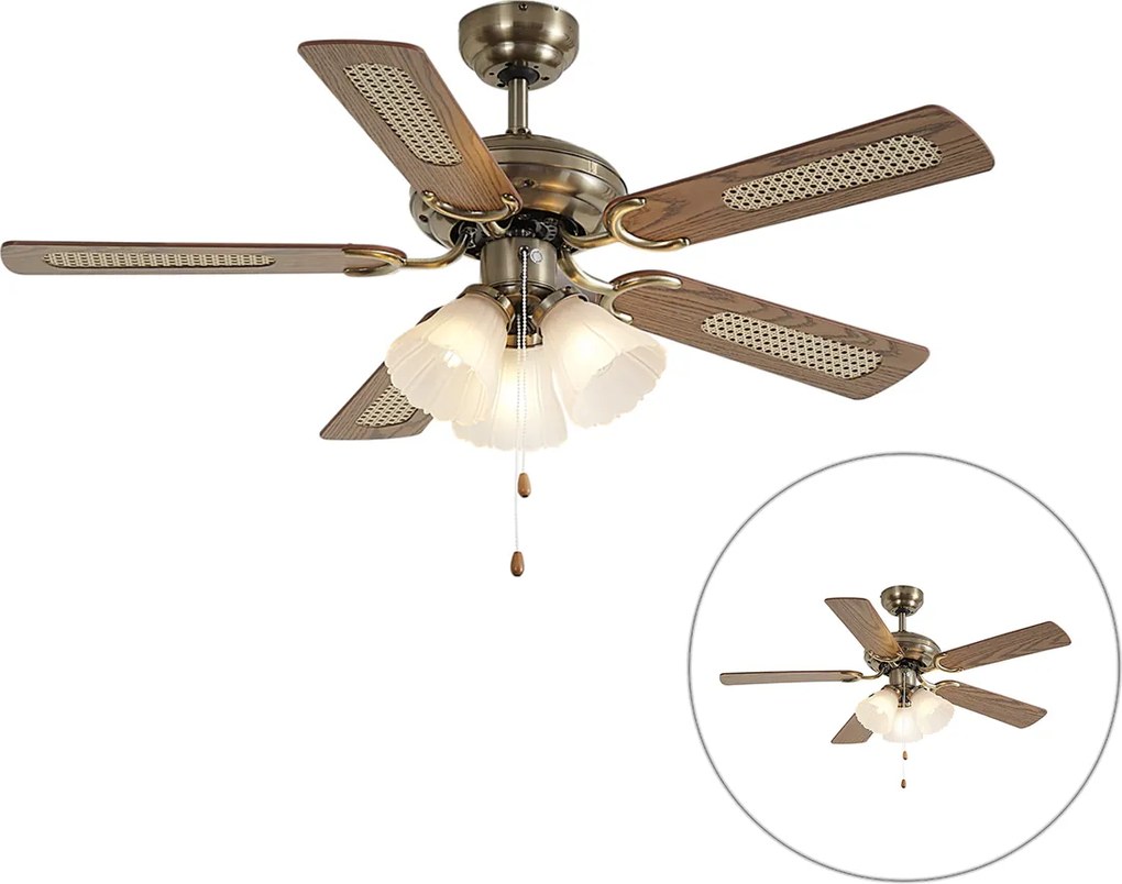 Ventilador de teto em latão com impressão de madeira e rattan 108cm com interruptor de tração - Mistral Lia