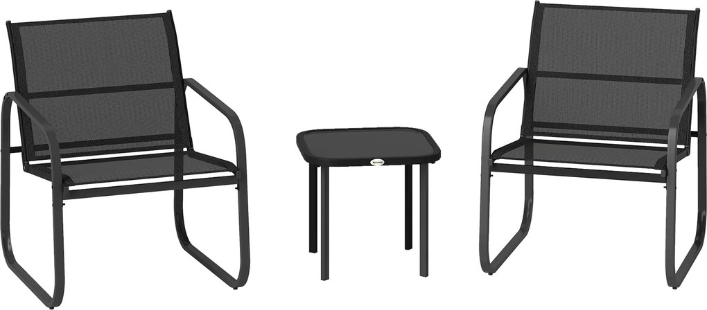 Outsunny Conjunto Bistrô 3 Peças com Cadeiras em Textilene e Mesa de Vidro Preto | Aosom Portugal