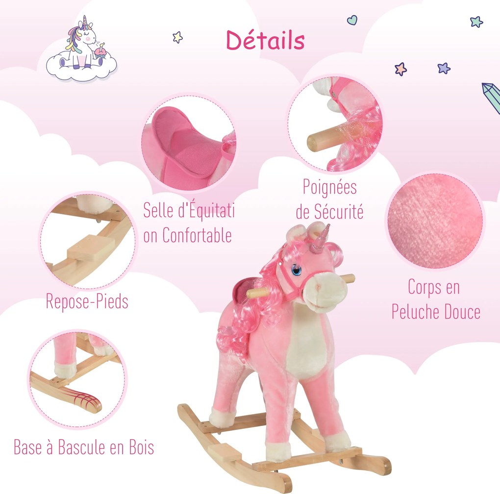 Cavalo de baloiço modelo Unicórnio com sons autênticos, sela de grande conforto, madeira de álamo rosa