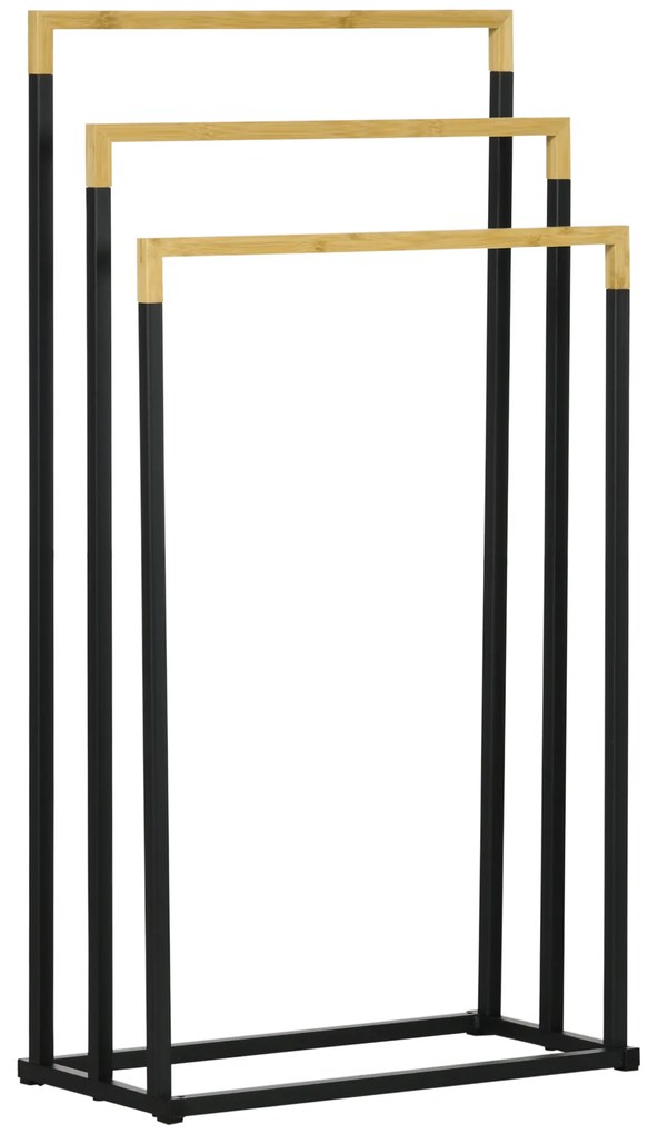 kleankin Toalheiro Pé 3 Níveis Escada 3 Barras Bambu Estrutura Aço Organização Casa Banho 45x22,5x86 cm Preto Natural | Aosom Portugal