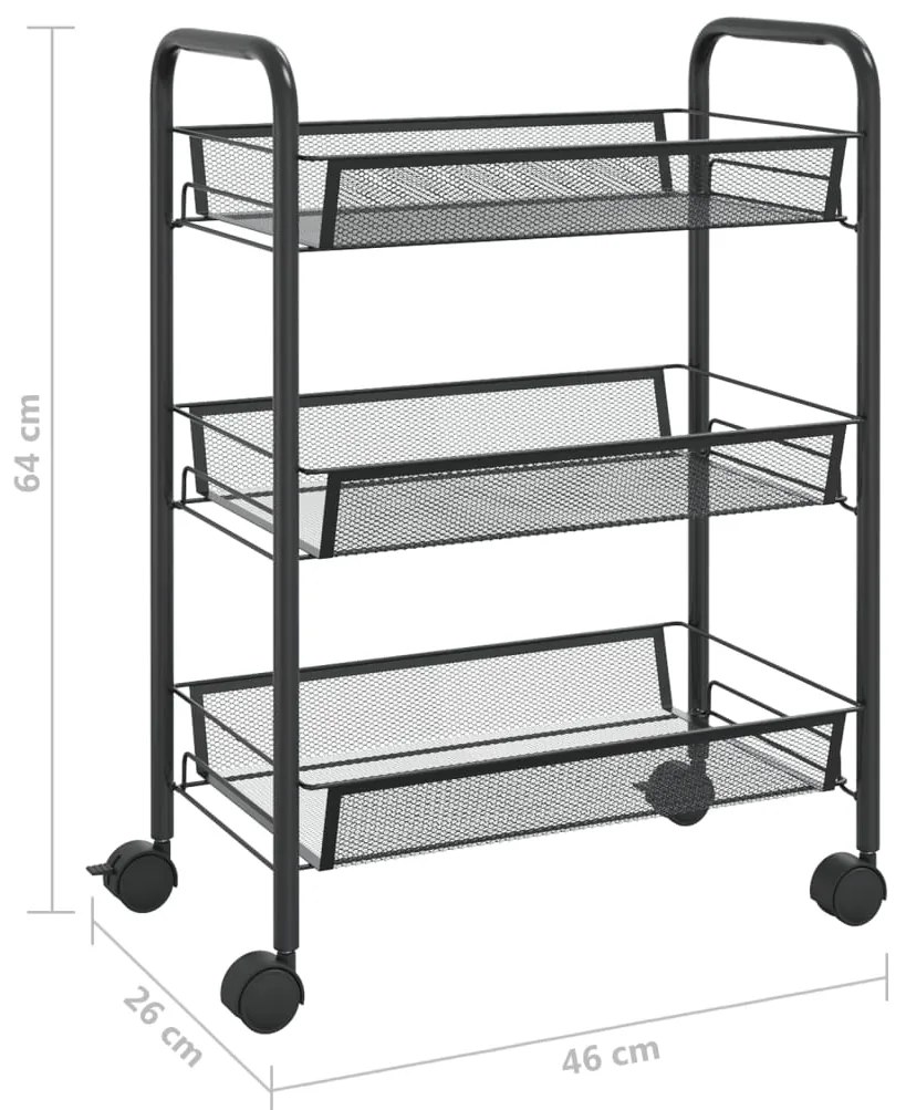 Carrinho de cozinha com 3 prateleiras ferro 46x26x64 cm preto