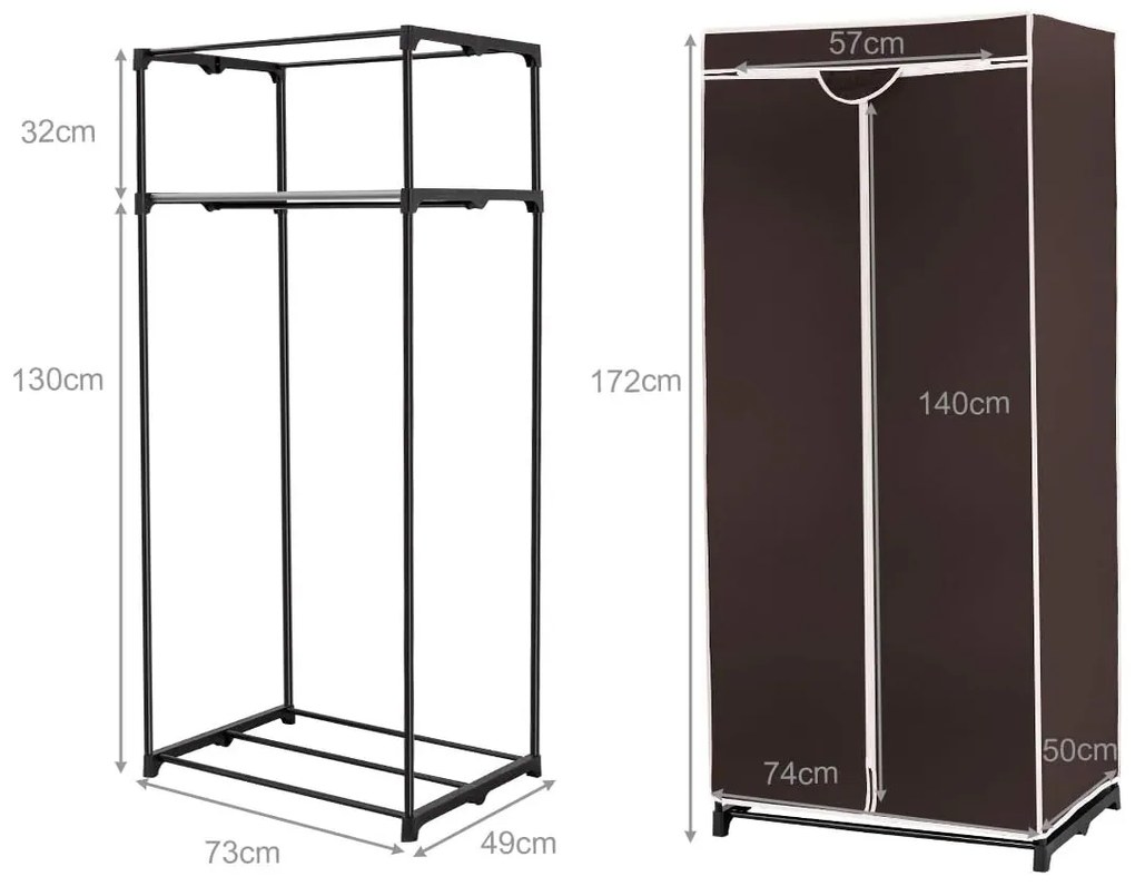 Guarda Roupa de tecido dobrável com fecho de correr Organizador de roupa têxtil com varão para pendurar 74 x 50 x 172 cm Castanho