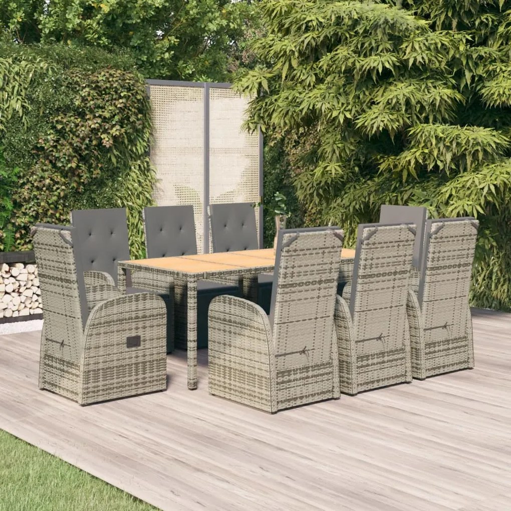 vidaXL 9 pcs conjunto de jantar p/ jardim c/ almofadões vime PE cinza